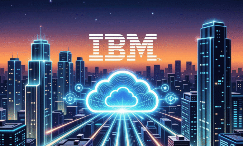 IBM logo over a futuristic cityscape with a glowing cloud symbolizing cloud computing.