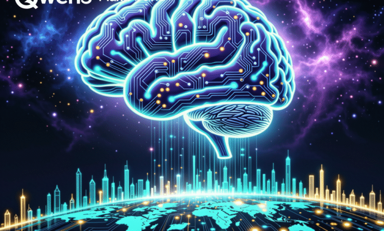 AI brain circuit design over a world map, symbolizing global AI connectivity.