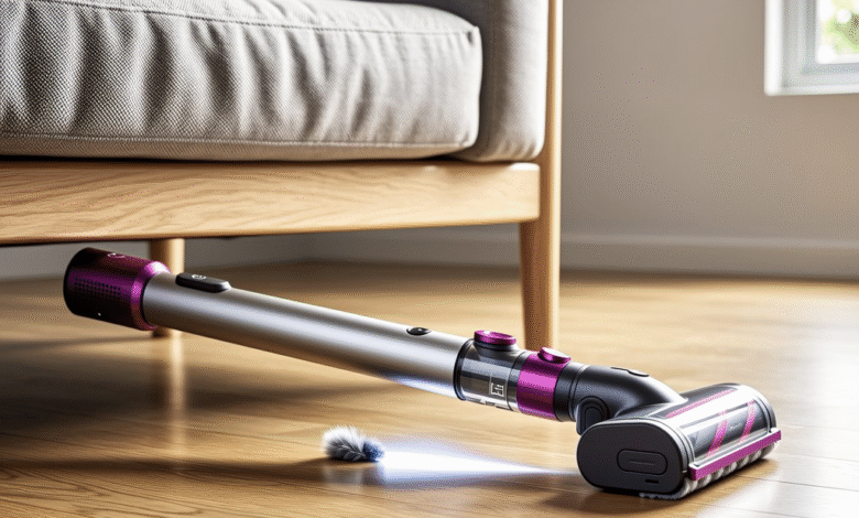 Cordless vacuum cleaner under a sofa, cleaning hardwood floor. A small piece of fluff is nearby.