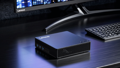 Lenovo ThinkCentre mini PC on a dark desk with a keyboard and monitor displaying a cityscape.