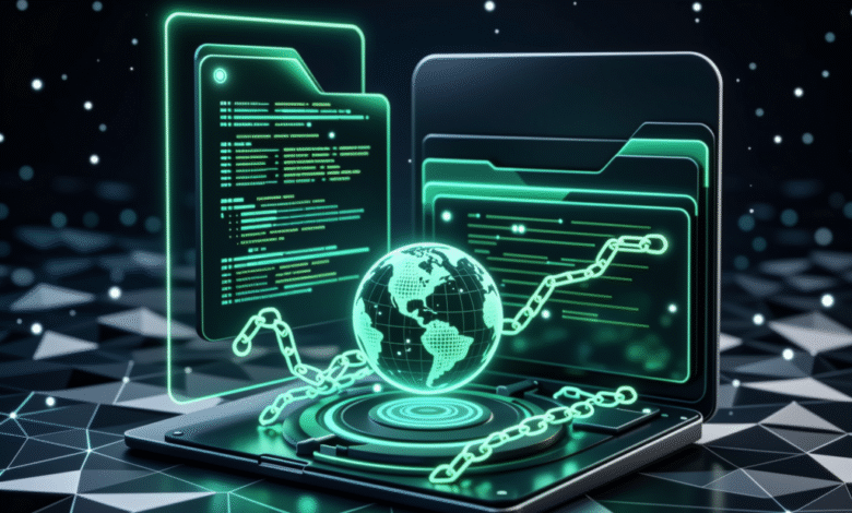 Global data security concept: A digital globe with chains, code, and folders on a futuristic device.