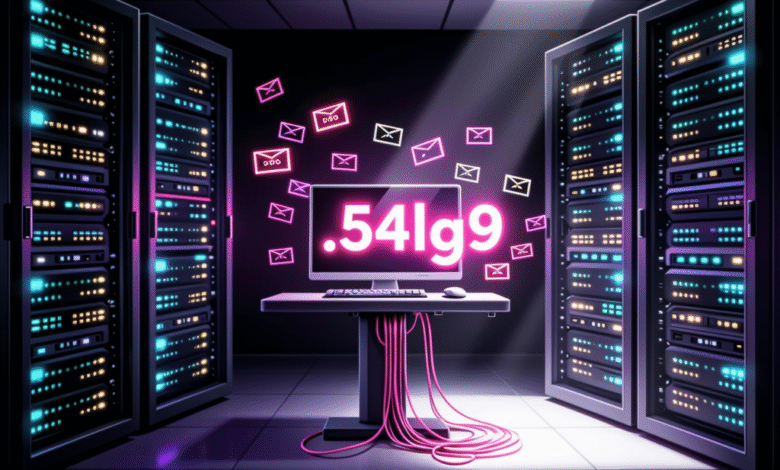 Computer in server room displays .54lg9 surrounded by email icons; neon pink and blue lighting.