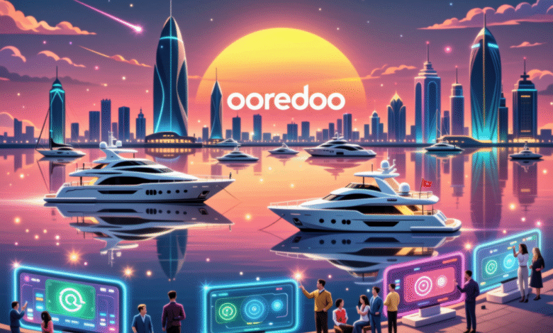 Ooredoo logo over a vibrant cityscape at sunset, with luxury yachts and people interacting with digital interfaces.