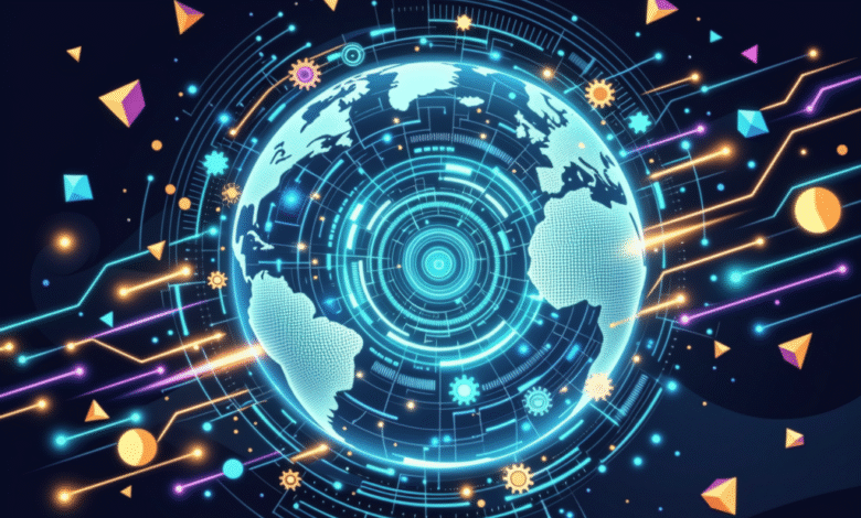 Global network connection, glowing earth surrounded by digital circuitry and geometric shapes.