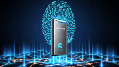 DL GO DataLocker: Secure USB drive with fingerprint authentication, shown against a futuristic digital background.