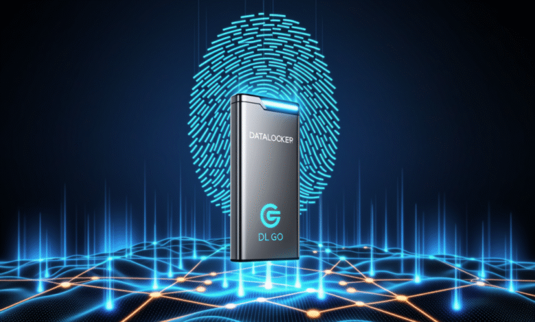 DL GO DataLocker: Secure USB drive with fingerprint authentication, shown against a futuristic digital background.