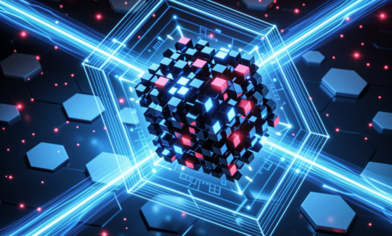 Abstract 3D rendering of data cubes connected by glowing blue lines, suggesting data flow and processing.