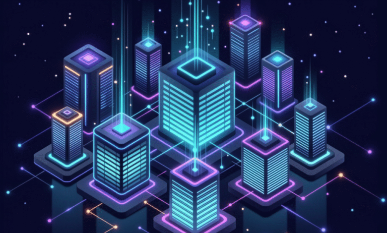 Isometric illustration of a futuristic cityscape with glowing neon buildings interconnected by data streams.