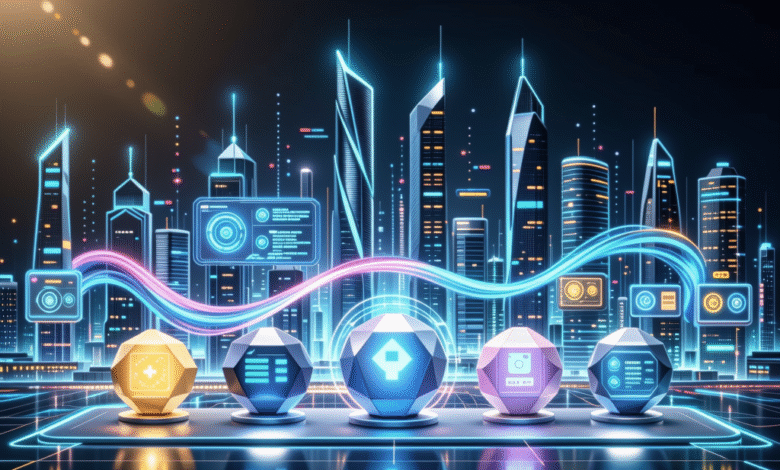 Futuristic cityscape with glowing digital interfaces and data points, showcasing smart city technology.