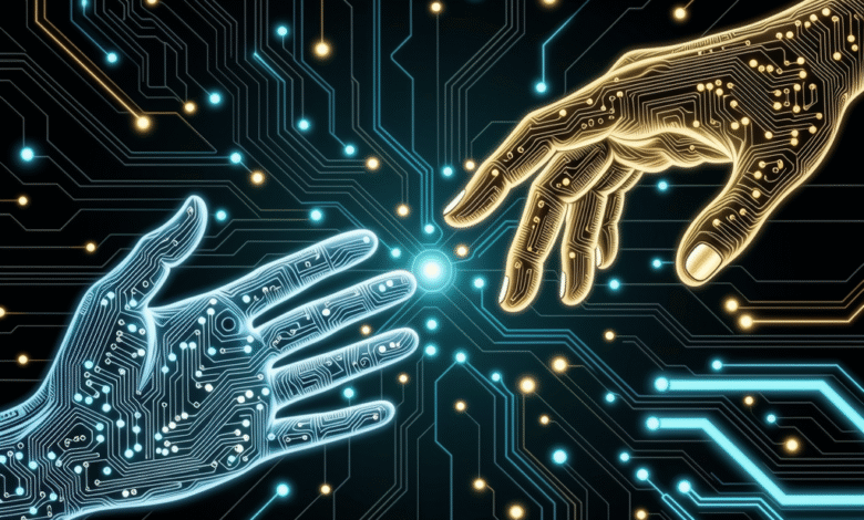 Two robotic hands, one gold, one blue, reach towards each other on a circuit board background, symbolizing AI connection.