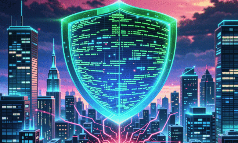 Cybersecurity shield with code glowing over a futuristic city skyline at sunset.