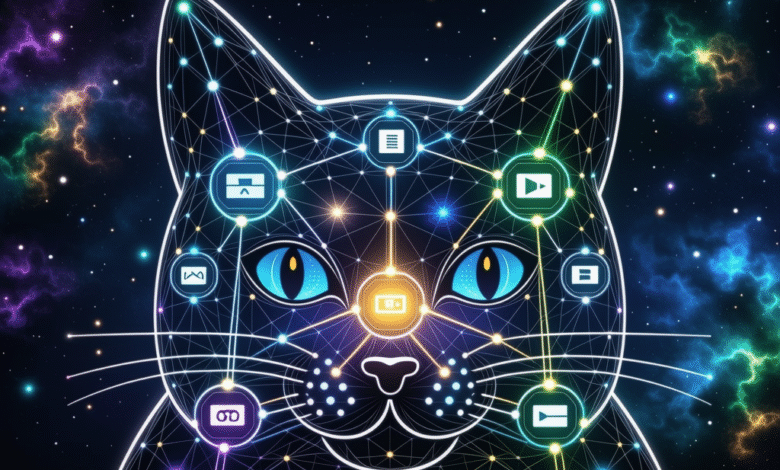 A stylized cat face formed by glowing network lines and digital icons against a cosmic background.