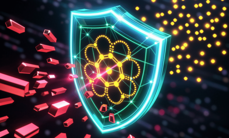 Cybersecurity shield deflecting digital threats. Neon green shield protects data from red attacks.