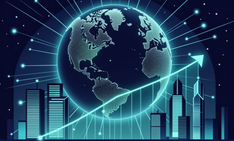 Global growth concept: glowing Earth with upward trend line, city skyline, and data streams.