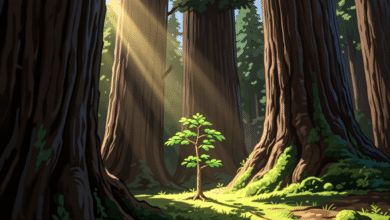 A small sapling thrives in the dappled sunlight of a redwood forest.