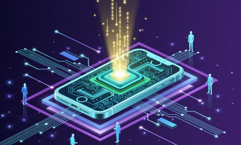 Isometric illustration of a smartphone's internal circuitry with data streams, showcasing advanced mobile technology.