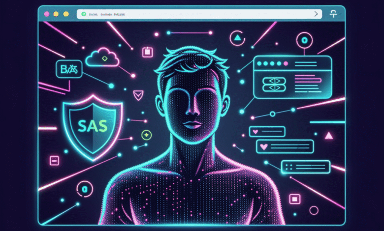 Digital illustration of a person's upper body made of glowing dots, with a SAS security shield and network connections.