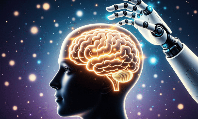 Robotic hand gently touches a glowing human brain, symbolizing AI and human intelligence connection.