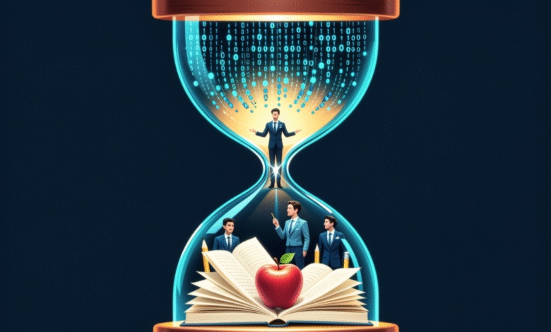 Hourglass with digital data flowing, miniature figures learning from a book, symbolizing the passage of time and education.
