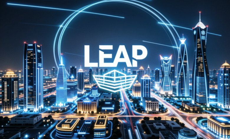 LEAP logo over a futuristic cityscape at night, glowing blue lines and city lights.