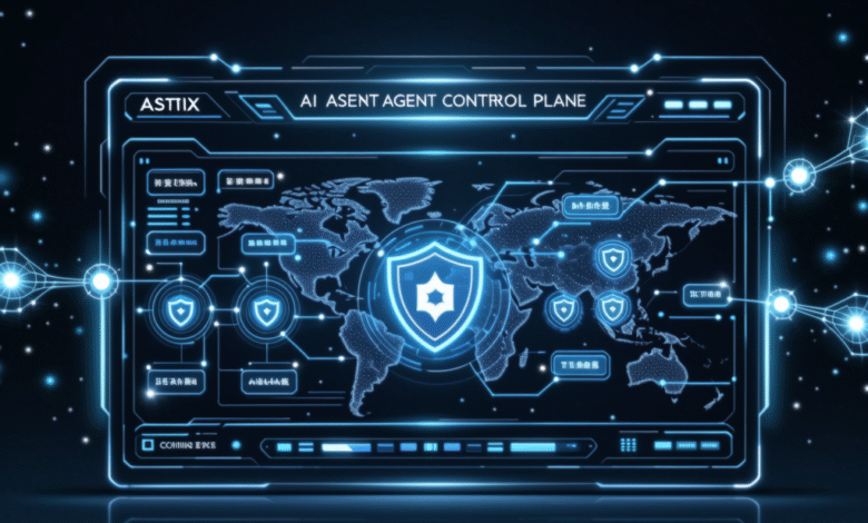 AI-powered global security system dashboard with a world map and multiple security shields.
