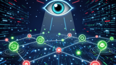 Abstract digital eye watching cryptocurrency network. Green and red nodes represent tokens connected by lines on a dark blue background.