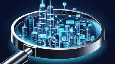 Magnifying glass revealing a futuristic city with glowing digital connections between buildings.
