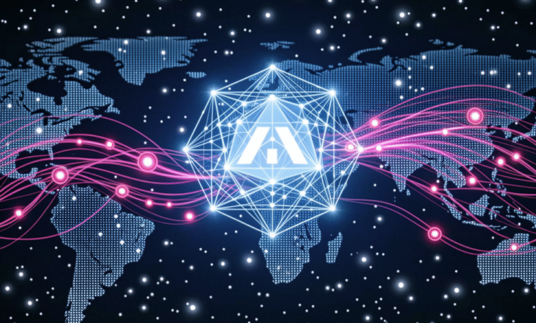 Global network connection with a stylized 'A' at its center, representing AI's worldwide reach.