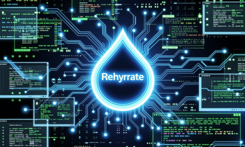 A glowing blue water droplet with 'Rehyrrate' inscribed, surrounded by digital circuitry and code snippets.
