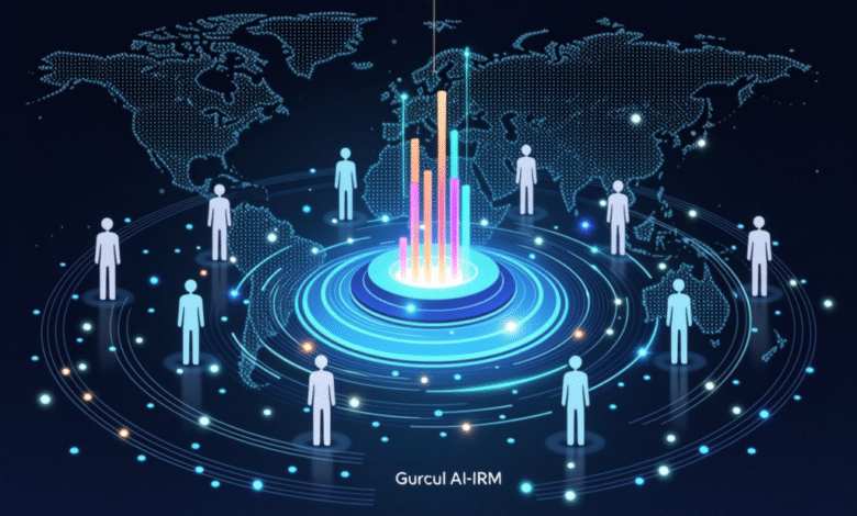 Global network graphic showing AI-powered HRM, with figures connected around a central data point on a world map.