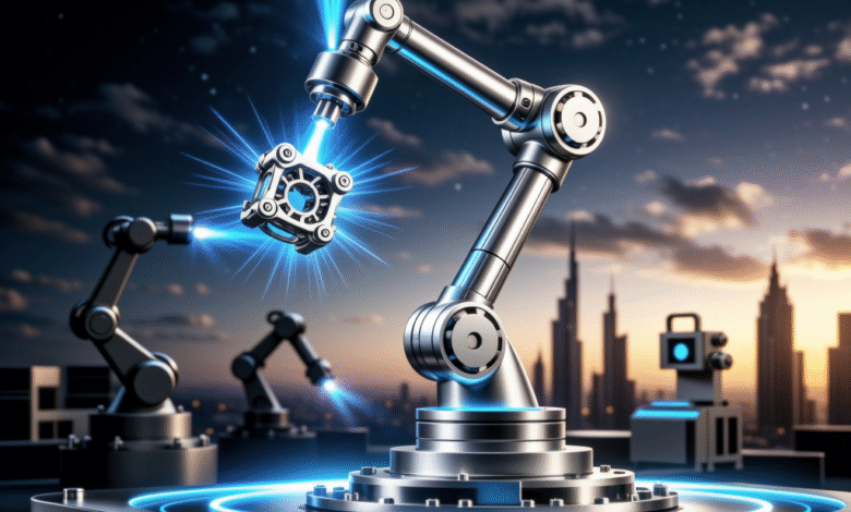 Robotic arms precisely manipulate a metallic object with blue laser beams, set against a city skyline at sunset.