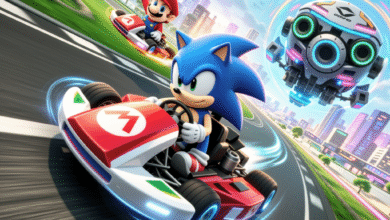 Sonic and Mario in go-karts racing through a futuristic city.