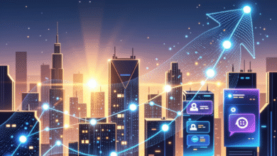 City skyline at sunrise with upward trending digital data overlay, symbolizing growth and technological advancement.