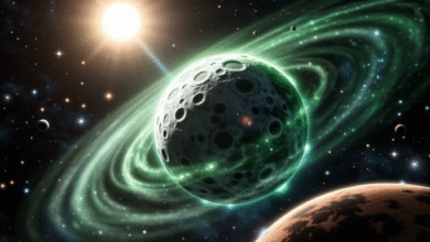 A cratered planet with a glowing green ring system orbits a bright star in a dark space filled with other celestial bodies.
