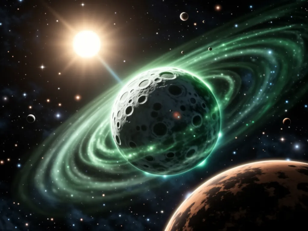 A cratered planet with a glowing green ring system orbits a bright star in a dark space filled with other celestial bodies.
