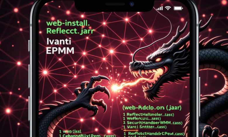 Smartphone displaying Ivanti EPMM software installation details with a fiery dragon graphic, representing cybersecurity.
