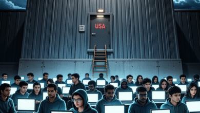 Illustration of numerous people using laptops, positioned before a large building labeled 'USA'. A ladder leads to a door.