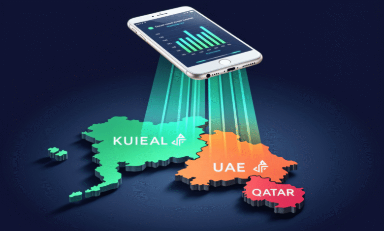 Smartphone displaying financial data projects onto a map highlighting Kuwait, UAE, and Qatar.