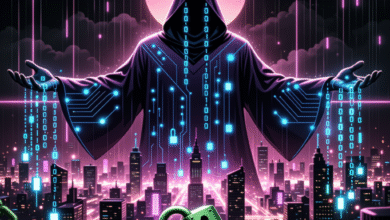 Hooded figure overlooking a futuristic city, binary code flows from its hands, a chained padlock in the foreground.