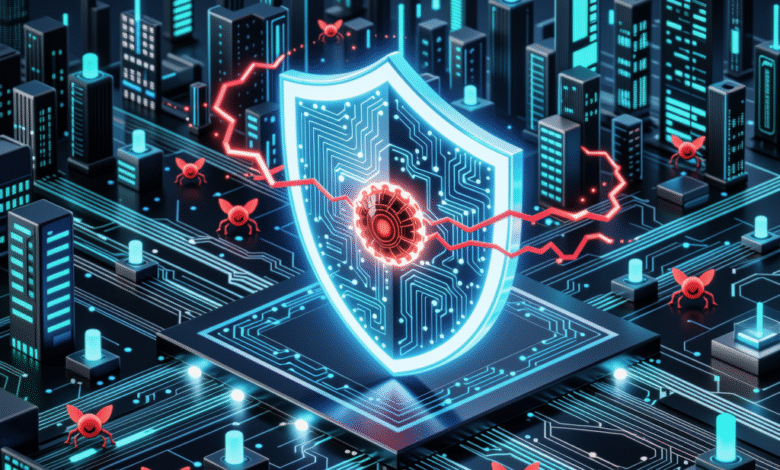 Cybersecurity shield under attack; digital city under threat from red virus icons.