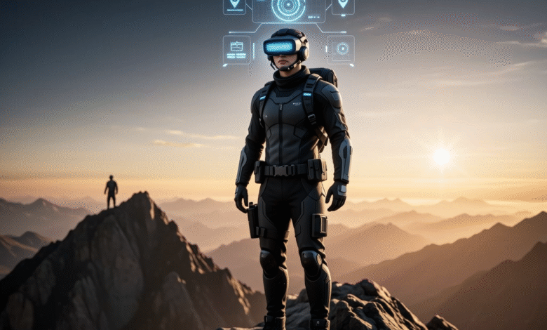 Futuristic explorer in VR headset atop mountain, digital interface overlayed, sunset backdrop.