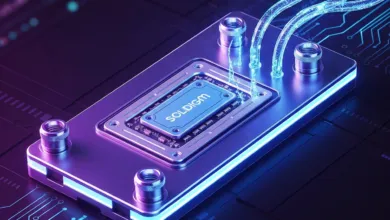 Close-up of a blue Solidigm computer chip with liquid cooling system.