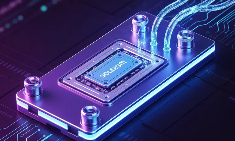 Close-up of a blue Solidigm computer chip with liquid cooling system.