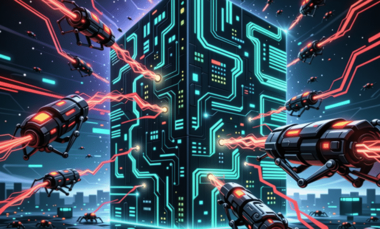Robotic drones firing red lasers at a glowing blue circuit board structure.