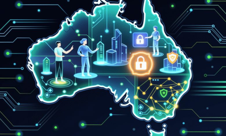 Digital map of Australia with glowing circuits and security icons.