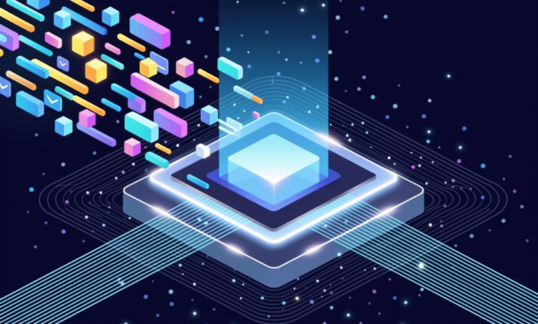Abstract illustration of data processing with colorful blocks flowing into a central glowing cube.