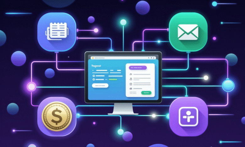 Digital network connecting icons for finance, email, and tasks around a computer screen.