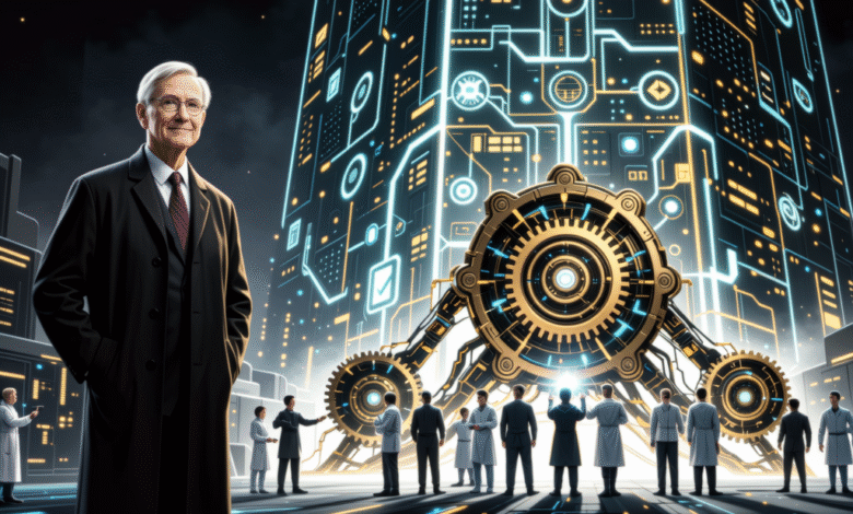 Elderly man in suit stands before a futuristic cityscape with glowing circuits.