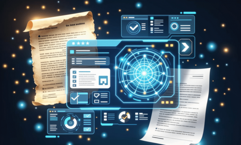 Digital interface displaying data analysis and a scroll with text.