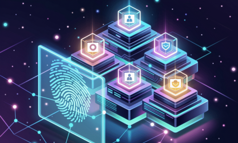 Digital fingerprint scan next to glowing server stacks with security icons.